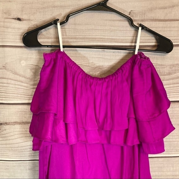 Lilly Pulitzer Haylee of the Shoulder Satin Ruffle Top in Wine Spritzer - Picture 4 of 9